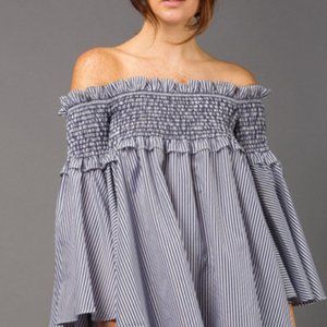 Wren & Willa Bell Sleeve Striped Navy Ruffle Top